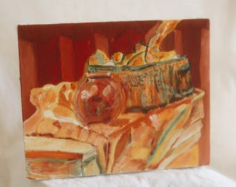 Vintage Original Acrylic Still Life Painting 8x10 | Small Modernist Canvas Art | Warm Red Orange Vintage Style Kitchen Wall Art