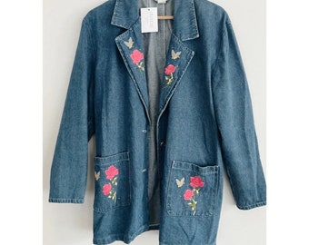 Vintage 1980s Oversized Floral Denim Blazer Women's Large / Extra Large