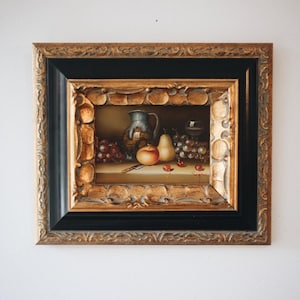 Vintage Original Still Life Oil Painting in Ornate Gold and Black Frame Signed by Artist