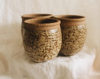 Vintage Studio Pottery Triple Vase | Connected 3 Pot Cluster Planter | Speckled Brown Cream Glaze | Handmade Ceramic Vessel