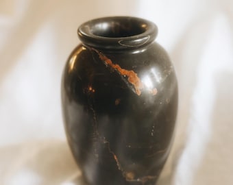 Vintage Black Onyx Stone Vase, Polished Marble Vase, Rust Veined Natural Stone Decor, Made in Pakistan