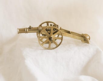 Vintage Solid Brass Cannon Model | 8.5 Inch Miniature Artillery Replica | Rolling Wheel Desk Shelf Decor Unique Vintage War Memorabilia