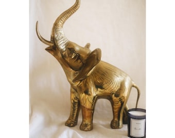 Large Vintage 20" Brass Elephant Sculpture Made in India / Trunk Up Statement Figurine Hollywood Regency Boho Decor