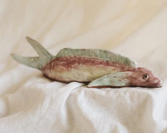 Studio Pottery Fish Sculpture | Handmade Ceramic Folk Art Fish | Pink Green Coastal Decor | Whimsical Art Pottery 10”