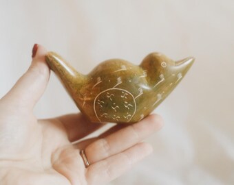 Vintage Carved Stone Bird Figurine | Hand Carved Soapstone Bird | Incised Folk Art Bird Sculpture | Small Bird Decor