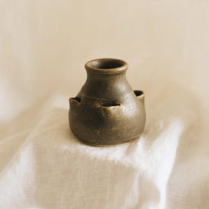 Signed Studio Pottery Flower Frog Vase, Brown Multi-Opening Bud Vase, Mini Tulipiere, Rustic Wabi Sabi Ceramic Decor