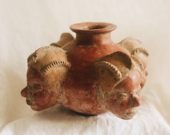 Vintage Mesoamerican Comala Pottery Vase SIGNED / Rare Mexican Folk Art Pottery Vessel Four Faces Puerto Vallarta Jalisco Terracotta Vase