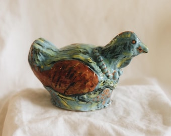 Vintage Studio Pottery Bird Lidded Box | Handmade Folk Art Ceramic Bird Trinket Box | Whimsical Hand Painted Art Pottery