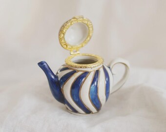 Vintage Hand Painted Miniature Teapot Trinket Box, Blue & White
