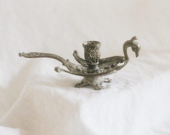 Vintage Italian Brass Peacock Chamberstick Candle Holder Made in Italy / Ornate Bird Candlestick / Mid Century Decor