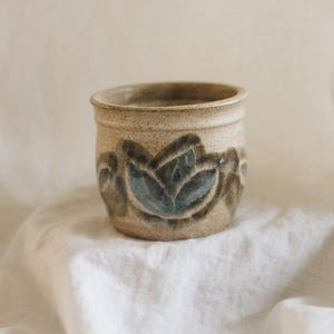 Vintage 1985 Signed Studio Pottery Planter, Blue Botanical Stoneware Cachepot, Speckled Ceramic Pot, Small Art Potter
