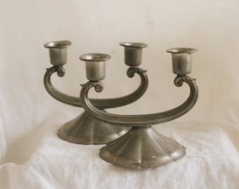 Vintage New Amsterdam Silver Co Pewter Double Candlestick Holder / Scroll Candelabra / Mid Century Decor