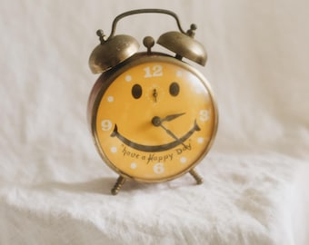 Vintage 1970s Robertshaw Lux Smiley Face Alarm Clock | Have a Happy Day Clock | Yellow Happy Face Twin Bell Clock | Made in USA