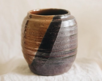 Vintage Studio Pottery Vase / Handmade Striped Ceramic Vessel / Abstract Brown Purple Glaze Wheel Thrown Art Pottery Mid Century Decor
