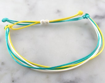 Teal, Yellow & White Waxed Cord Bracelet, Adjustable Waterproof Jewelry