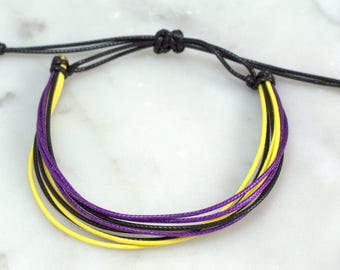 Black Purple Yellow Waxed Cord Bracelet, Adjustable Waterproof Unisex Jewelry