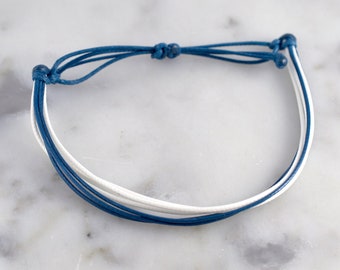 Marine Blue & White Waxed Cord Bracelet | Waterproof, Adjustable