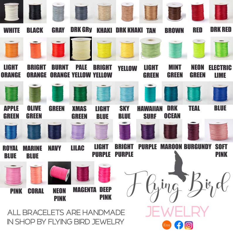 Puede incluir: Una tabla de 36 colores diferentes de cord&oacute;n encerado, con el nombre de cada color listado debajo del carrete correspondiente. La tabla est&aacute; titulada "Flying Bird Jewelry" e incluye los enlaces de redes sociales de la empresa.
