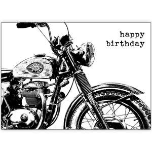 May include: Black and white illustration of a vintage motorcycle with the text "happy birthday" above it.