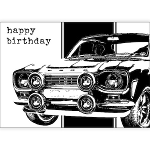 Classic car birthday card. Ford Escort Mk1 RS1600. Personalise it! Choice of sizes.