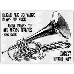 Trumpet Birthday Card. Jazz music. Miles Davis quote. Personalise it! Choice of sizes.