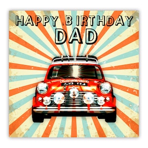 Carte d'anniversaire MINI COOPER. Voiture classique. millésime. Rétro. Rallye de Monte-Carlo. Personnalisez-le ! Papa. Fils. Frère. N'importe quel nom. Choix de tailles.
