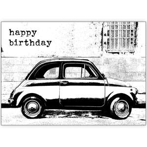 Carte d'anniversaire de voiture ancienne Fiat 500. Personnalisez-le ! Choix de tailles
