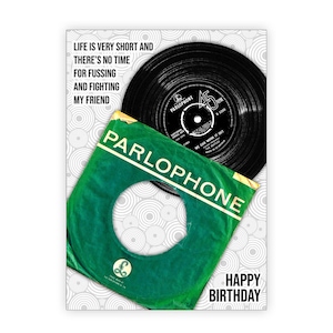 La carte d'anniversaire des Beatles. On peut s'arranger. Disque vinyle 45 tours. Personnalisez-le. Choix de tailles.