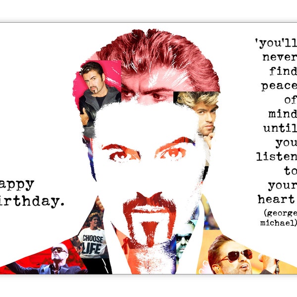 George Michael collage birthday card. 80's music. Personalise it! Choice of sizes.