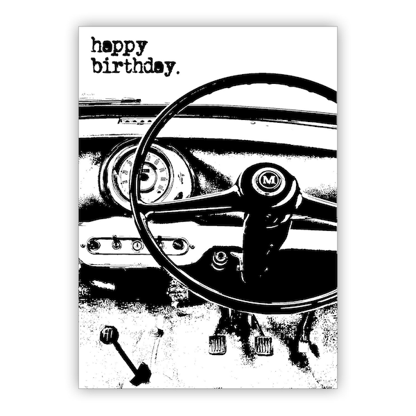 Classic car Birthday card. Mini Morris Minor 1959 dashboard. Choice of sizes. Personalise it!