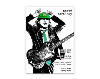 May include: Black and white illustration of a musician playing a guitar, wearing a green cap with a letter "A" and a green and turquoise tie. The words "happy birthday" are at the top. Lyrics are printed on the right side.