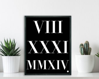 Custom Date Roman Numeral Poster - Black and White - Digital