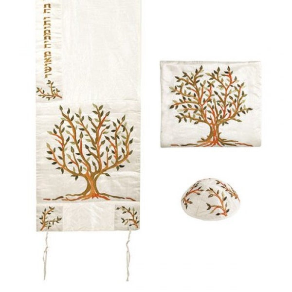 PolySilk Tallit Set Embroidered Tree of Life - Tree of Life - Brown and Green New Talis 16"X70" / 40cm x 180cm