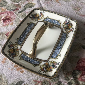 Noritake Handled Candy Dish Pattern N1236 1920-1940 Blue Black Trim Flower Basket