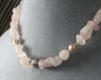 Rose Quartz Pearl Necklace on Sterling Silver, 18 inches