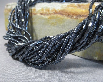 Black Iridescent Glass Beaded Necklace, Multi Strand Cocktail