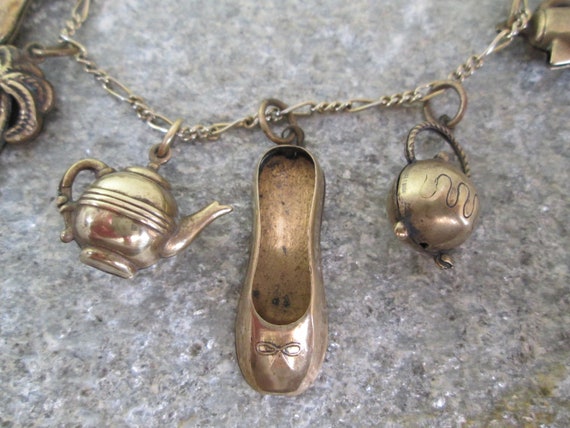Pididdly Links Charm Bracelet, 9 Vintage Brass Ch… - image 7
