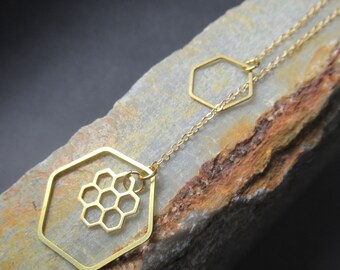 Honeycomb Bee Lariat Necklace - Gold Honeycomb Necklace, Bee