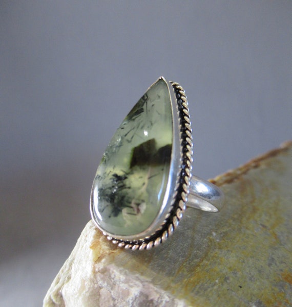 Moss Agate Teardrop Ring, Sterling Silver Pear Ca… - image 3