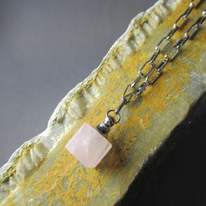 Cube Rose Quartz Necklace, Gemstone Perfume Bottle Pendant