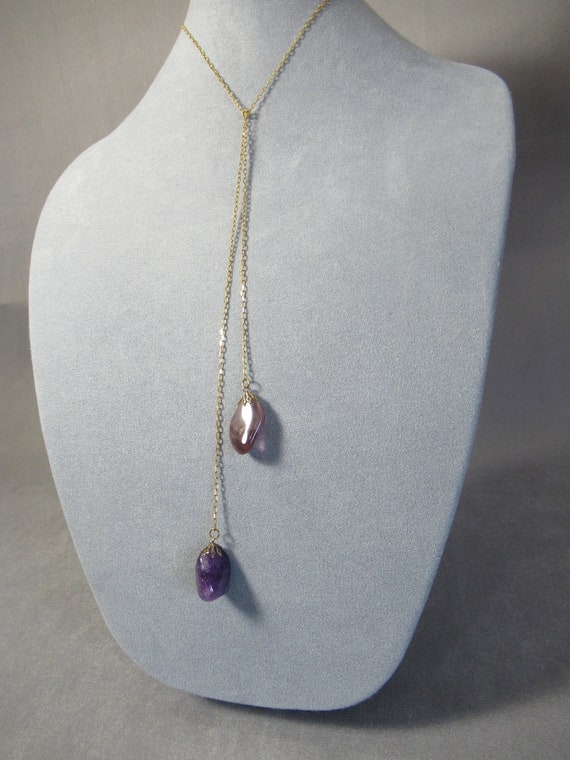 Natural Amethyst Lariat Necklace, Lavender Violet… - image 4