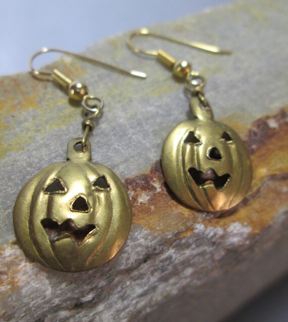 Brass CARVED PUMPKIN Earrings Jack-o-lantern Pierced Work | Etsy