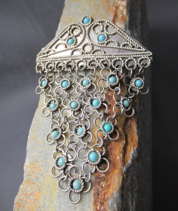Persian Turquoise Silver Brooch, Belly Dance Chain Ma… Gem