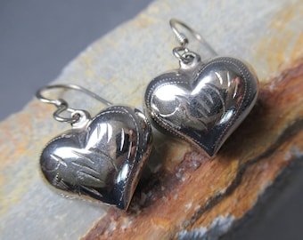 Chased Heart Earrings Puffy Hearts Etched Sterling Silver