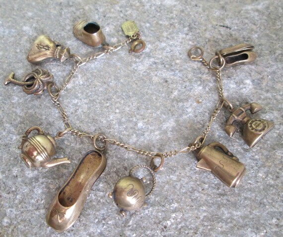 Pididdly Links Charm Bracelet, 9 Vintage Brass Ch… - image 3