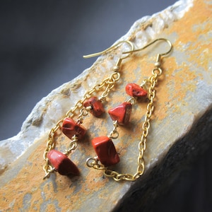 Red Jasper Rain Chain Earrings, Natural Jasper on Brass