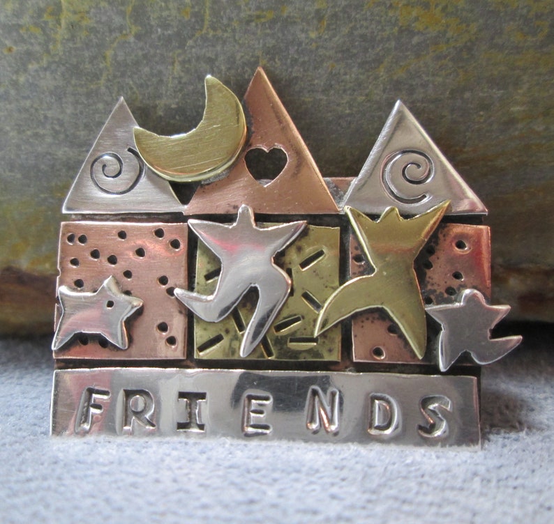 Mixed Metal Brooch FRIENDS Vintage Far Fetched Figural Pin Etsy