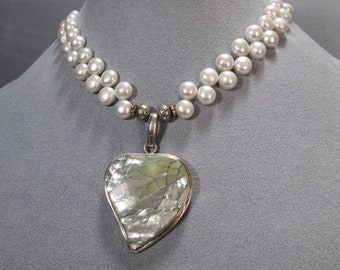 Baroque Pearl Lavaliere Necklace, Mother of Pearl Heart Pendant, Sterling Silver
