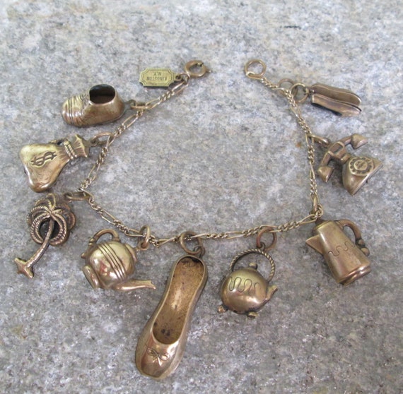 Pididdly Links Charm Bracelet, 9 Vintage Brass Ch… - image 2