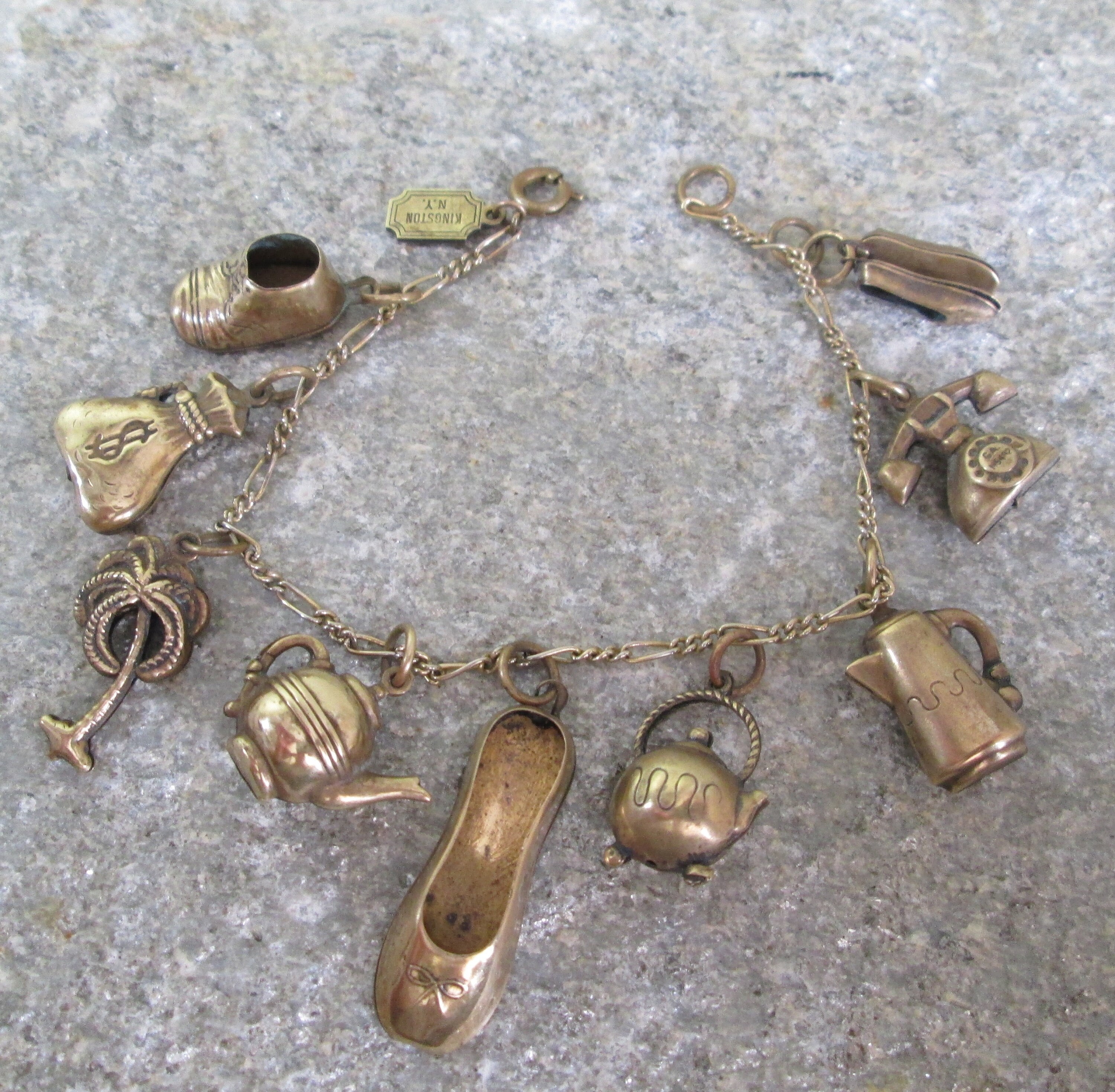 Pididdly Links Charm Bracelet, 9 Vintage Brass Charms, Kingston NY Etsy